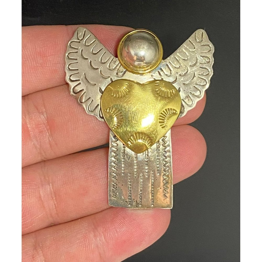 900 Silver Mexico Angel Brooch Pendant Vermeil Heart Wings Cherub Vintage